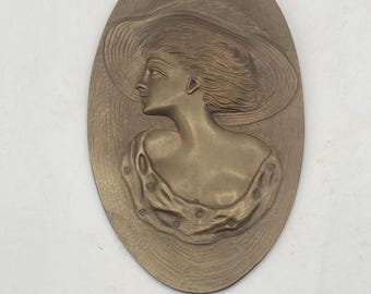Antique Art Nouveau Bas-Relief Bronze Brim Hat Woman Plaque Wall Hanging Vintage Victorian Decor