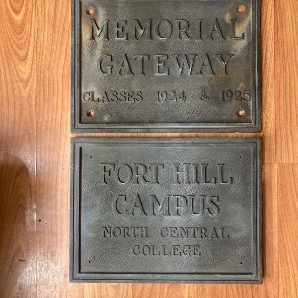 Antique North Central College Naperville Illinois 1925 Bronze Metal School Campus and Gateway Sign Set Original