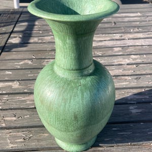 Rare Amaco Pottery Shape #32 1930’s Tall Green Curdled Glaze Flared Vase Art Deco Arts and Crafts Decor