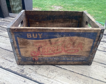 Antique Pepsi Cola Double Dot Advertising Soda Wood Shipping Crate 5 Cent Drink in Big Bottle Vintage Bar Kitchen Farm Country Storage Decor