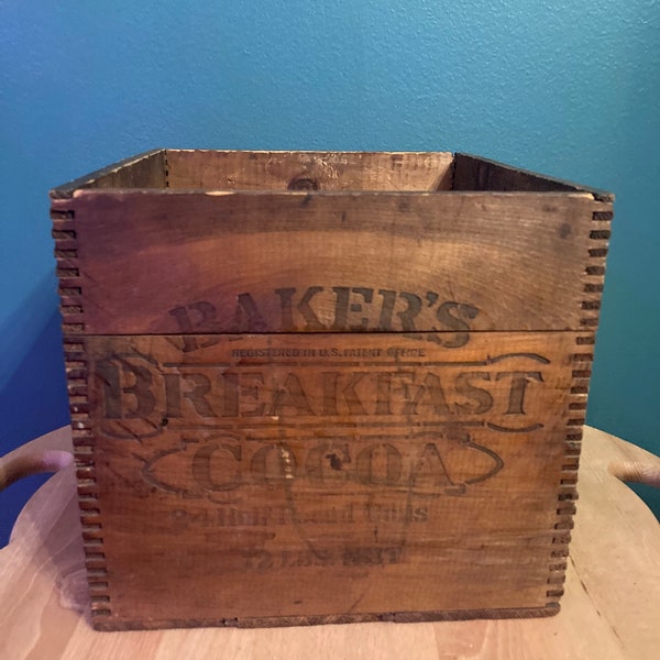 Antique Breakfast Cocoa Walter Bakers Advertising Wood Crate 1900’s Primitive Farm Kitchen Rustic Storage Decor