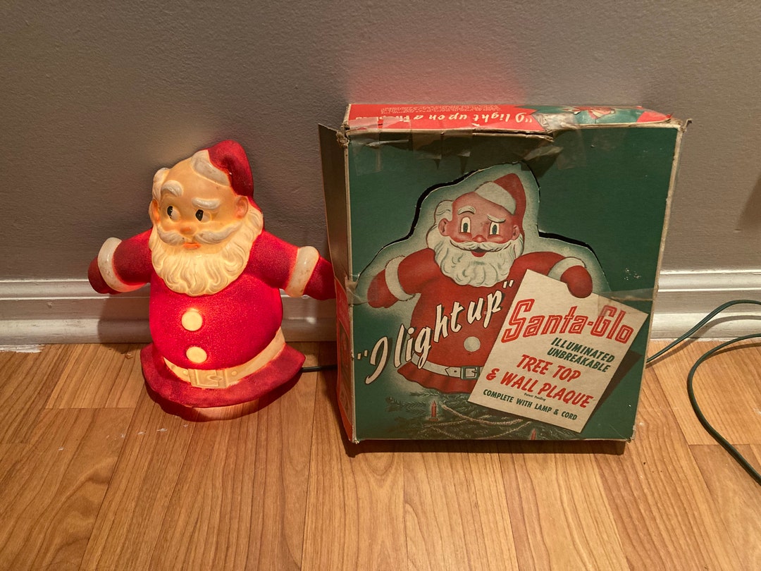 Vintage Santa Glo Light up Flocked Christmas Tree Topper Wall Hanger