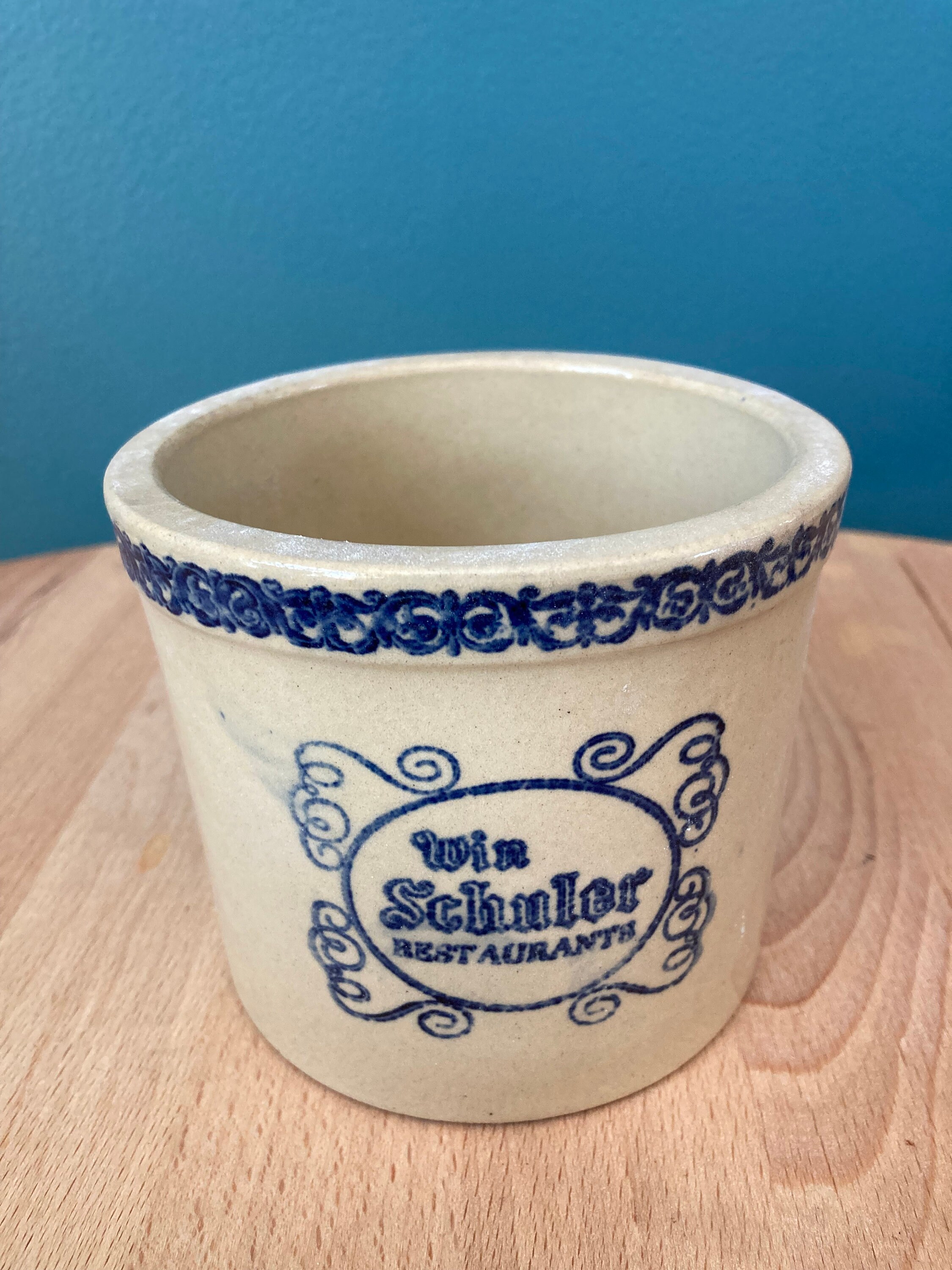 Vintage Win Schuler Restaurants Advertising Stoneware Crock Farm Rustic