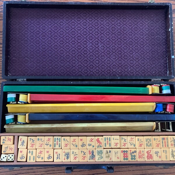 Antique Mah Jong Bakelite Catalin Butterscotch 165 Tile Chinese Vintage Game Set in Lockable Case A&L Manufacturing