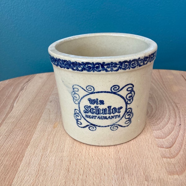 Vintage Win Schuler Restaurants Advertising Stoneware Crock Farm Rustic Primitive Storage Decor