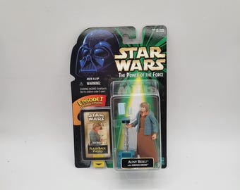 Figura de acción de juguete y foto retro de la tía Beru de Star Wars El poder de la fuerza, de Hasbro, 1998, completamente nueva y vintage, con droide de servicio