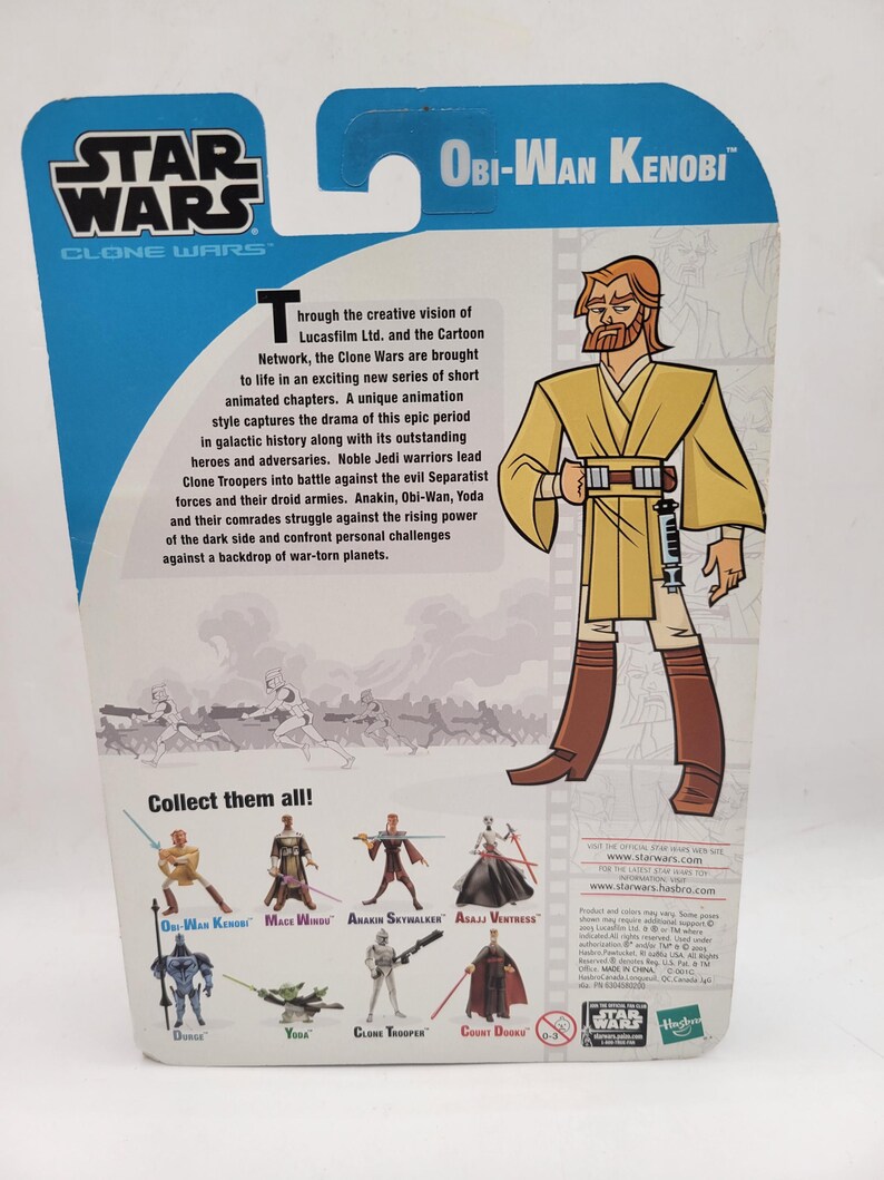May include: A Star Wars Obi-Wan Kenobi action figure on a blue and white card. The card features the Star Wars and Clone Wars logos, along with text describing the animated series. The back of the card shows other characters to collect.