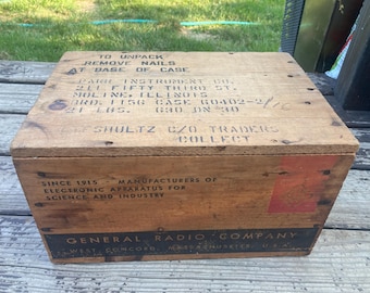 Vintage General Radio Company Advertising Shipping Wood Crate Science and Industry Apparatus Instrument Industrial Garage Shop Storage Decor