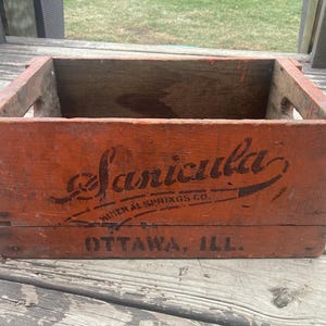 Puede incluir: Caja de madera vintage con acabado naranja descolorido. La caja presenta la palabra "Sanicula" en una fuente estilizada, junto con "Mineral Springs Co." y "Ottawa, Ill." en letras negras. La caja tiene forma rectangular con lados abiertos.