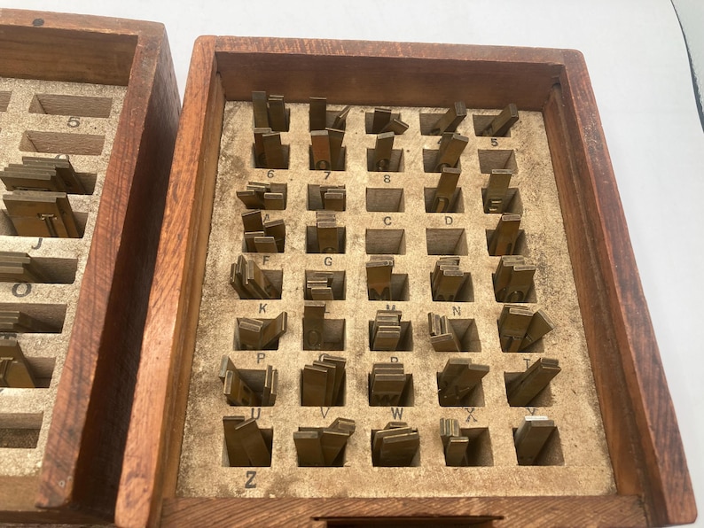 Type Block Case Antique Brass Print Block Letters Type Set in Wood Cases 169 Letter ...