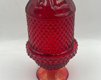Lámpara de hadas de cristal Viking vintage, color rojo rubí, cadmio, punta de diamante, estilo moderno de mediados de siglo.