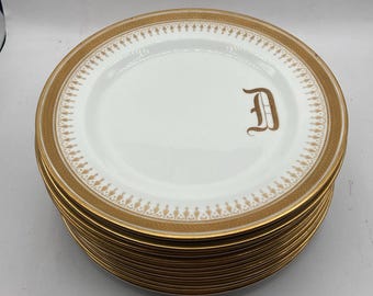 Marshall Fields Chicago Royal Doulton China Gold Gild 10 1/4” Dinner Plates Antique Service Set of 11 Monogram D