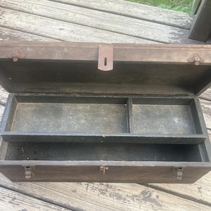 Primitive Wood Carpenters Lockable Cast Iron Handled Tool Box w Removable Drawer Antique Toolbox Farm Country Industrial Storage Decor