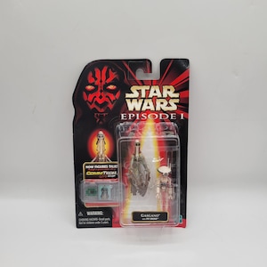 May include: Star Wars Episode I action figure set featuring Gasgano with Pit Droid. The packaging includes a Darth Maul graphic and the text "Now Figures Talk!" and "Commtech Chip". The figures are in a clear plastic case.