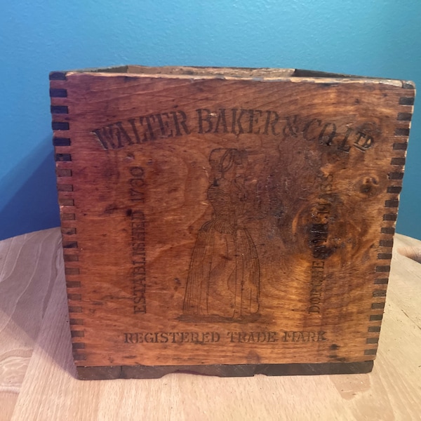 Antica Walter Baker & Co. Dorchester, MA n. 1 cassa di legno pubblicitaria per cioccolato Cucina vintage Fattoria Rustica Primitiva Decorazione di stoccaggio