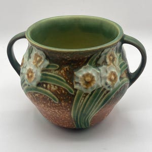 Roseville Jonquil Double Handled Vase Arts and Crafts Pottery Vintage Art Pottery Vase Flower Brown Green Decor