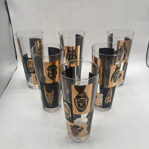 Vintage Mid Century Modern African Mask Collins Black and Gold Barware Glasses Vintage Bar Kitchen Drinking Glass Set of 6