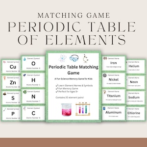 Op de afbeelding: Een wetenschappelijk matching-spel met het periodiek systeem der elementen. Het spel bevat elementnamen en -symbolen, met een leuk memory-spelformaat. Geschikt voor kinderen vanaf 5 jaar, met 20 elementparen.