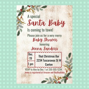 Modello di invito per un baby shower natalizio con Babbo Natale: Babbo Natale sta arrivando in città