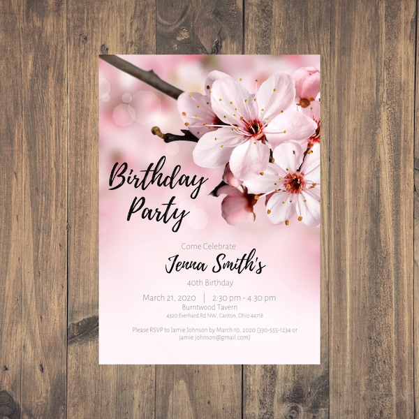 Cherry Blossom Birthday Party Invitation - Editable Template