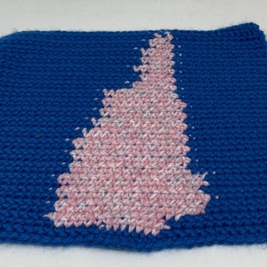 May include: A blue crocheted square with a pink crocheted design in the shape of a state.
