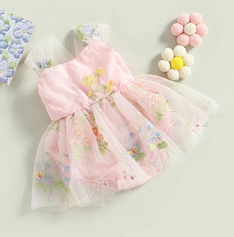 Pink Embroidered Flower Baby Dress Cake Smash Outfit Etsy