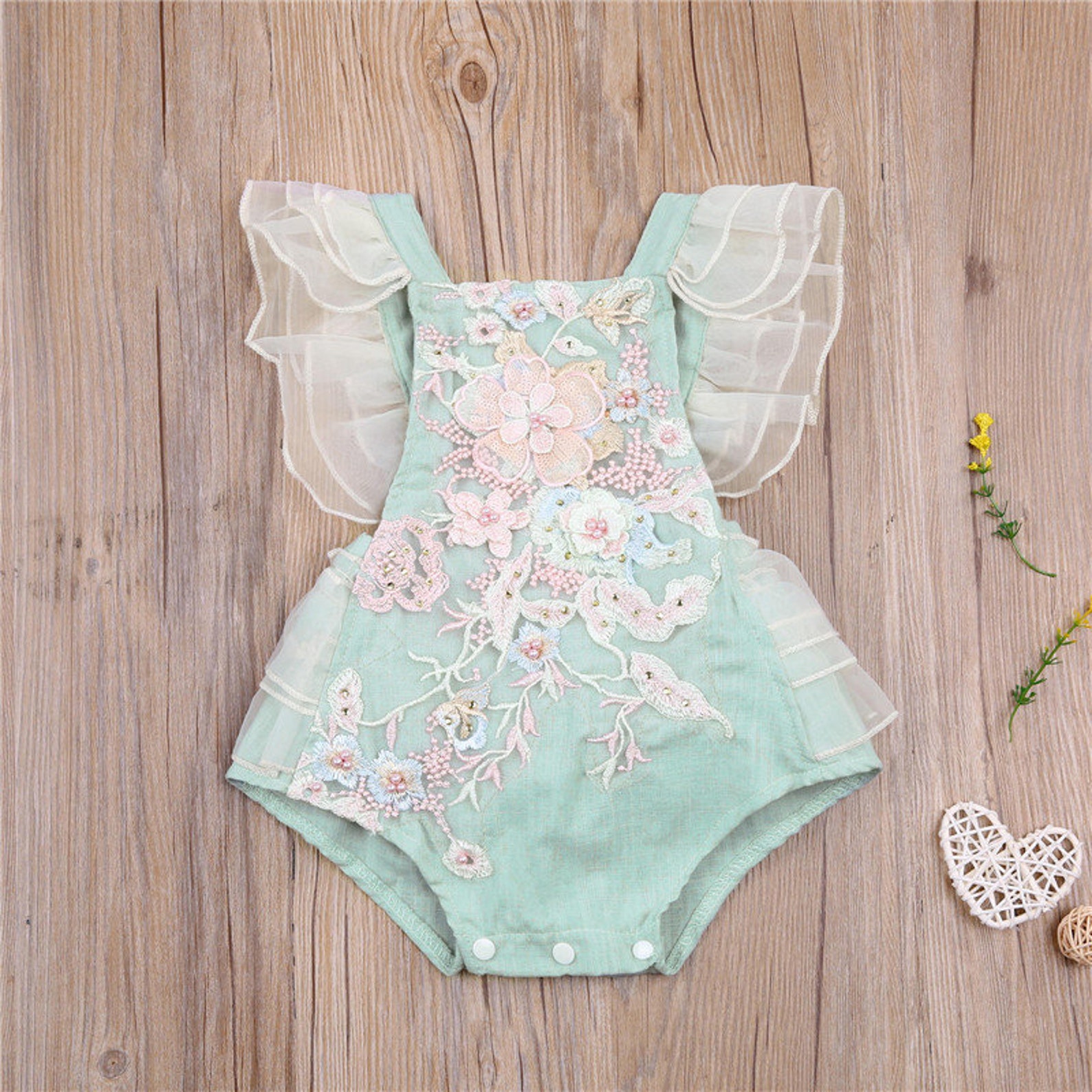 Mint Green Baby Romper Lace Embroidered Flowers Toddler Baby Etsy