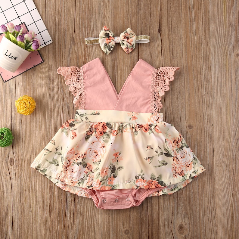 Rose Pink Baby Romper/ Dress With Matching Rose Headband Cash Etsy