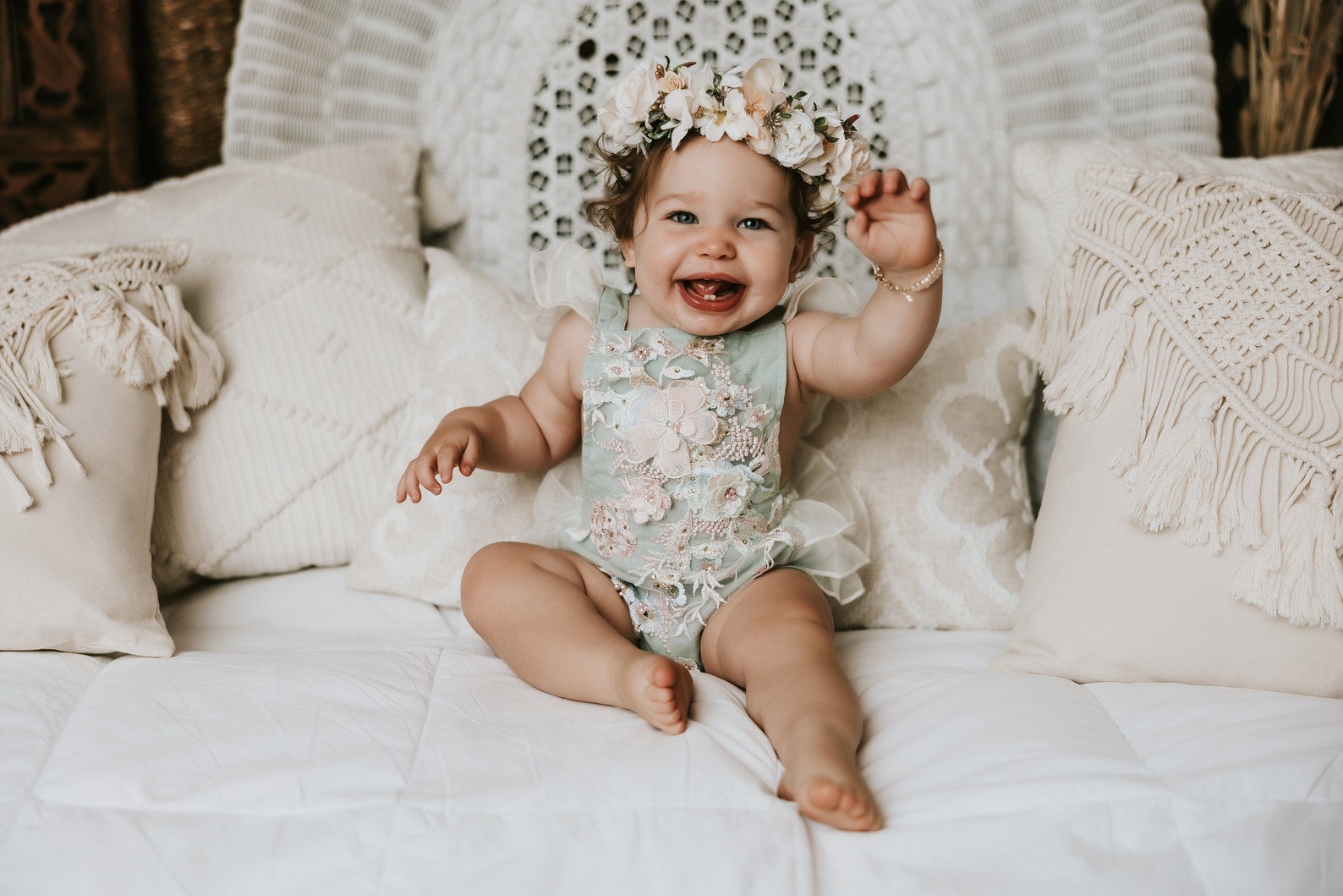Mint Green Baby Romper Lace Embroidered Flowers Toddler Baby Etsy