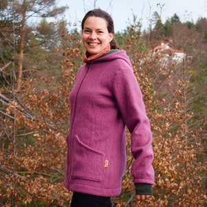 Boiled Wool Coat with Merino Cuffs and Hood  | 100% Wool Cardigan for Women with Full Two-way Zip | Handmade Customizable Wool Jacket