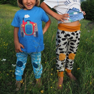 Puede incluir: Dos niños con ropa colorida están de pie en un campo de hierba. El niño de la izquierda lleva una camisa azul con un diseño de tractor rojo y pantalones azules con un diseño de tractor. El niño de la derecha lleva una camisa blanca con el texto "All We See" y pantalones grises con un diseño de erizo negro y blanco.