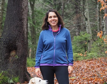 Merino Jumper with Standing Collar | Merino Wool Sweatshirt for Women with Full Zip | 100% Pure Merino Cardigan with Blue and Purple