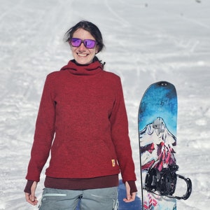 Sudadera con capucha de lana hervida con puños de merino / Suéter con capucha de cuello alto para mujer de 100 % lana virgen / Sudadera con capucha para exteriores de fabricación justa con bolsillo tipo canguro