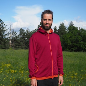 Sudadera con capucha de lana merino burdeos y naranja con cremallera / Sudadera con capucha de lana merino / 100 % lana merino / Suéter de pura lana merino / Sudadera con capucha de escalada