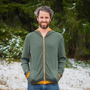 Moss Green & Ochre Merino Hoodie with Zipper | Hooded Merino Wool Sweatshirt | 100% Merino Wool | Pure Merino Sweater | Climbing Hoodie