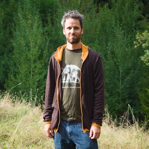 Sudadera con capucha de lana merino marrón y ocre con cremallera / Sudadera con capucha de lana merino / Suéter con cremallera de lana merino 100 % / Sudadera con capucha de escalada / Sudadera con capucha deportiva