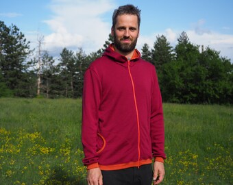 Burgundy & Orange Merino Hoodie with Zipper | Hooded Merino Wool Sweatshirt | 100% Merino Wool | Pure Merino Sweater | Climbing Hoodie