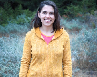 Ochre Pattern Zip up Merino Hoodie | Wool Hoodie for Women with Zipper | Ochre Merino Sweatshirt | Outdoor hoodie | 100% Merino