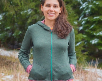 Moss Green & Thyme Merino Hoodie with Zipper | Nature-inspired Colors Wool Sweatshirt for Women with Zipper | 100% Merino