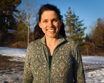 Merino Jumper with Standing Collar | Merino Wool Sweatshirt for Women with Full Zip | 100% Pure Merino Cardigan with Moss Green Mandala