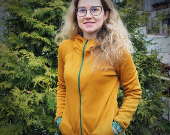 Unique Ochre & Green Zip up Merino Hoodie | Wool Hoodie for Women with Zipper | Beauiful Pattern Merino Sweatshirt | 100% Merino