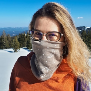 Taupe Merino Wool Neck Gaiter with Mountain Print | 100% Merino Head Band | Ski Scarf | Face Cover | Wool Bandana | Neck Warmer