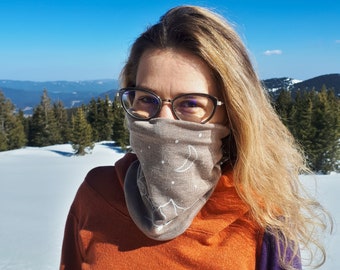 Taupe Merino Wool Neck Gaiter with Mountain Print | 100% Merino Head Band | Ski Scarf | Face Cover | Wool Bandana | Neck Warmer
