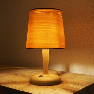 Wooden bedside lamp with cone shade | Natural reading lamp from larch wood | Design lamp with custamizable fabric cabel