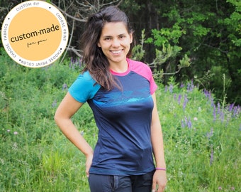 Colorful merino shirt with mountain landscape | Mountain print tee for women | Unique 100% merino wool top with screen print