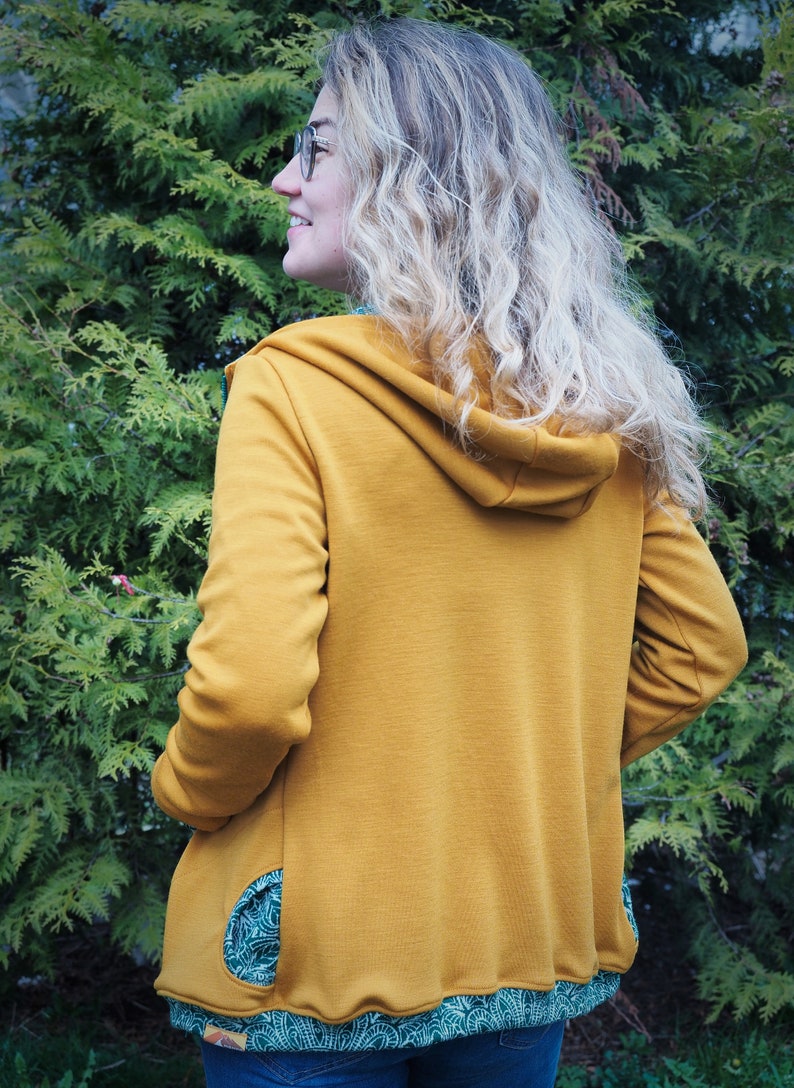 Unique Ochre & Green Zip up Merino Hoodie Wool Hoodie for Women with Zipper Beauiful Pattern Merino Sweatshirt 100% Merino image 5