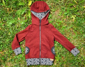 Elegant Kids Merino Sweater with Zipper | 100% Merino Wool Hoodie in Dark Red and Grey | "Grow with me" Zip-up Pullover for Kids