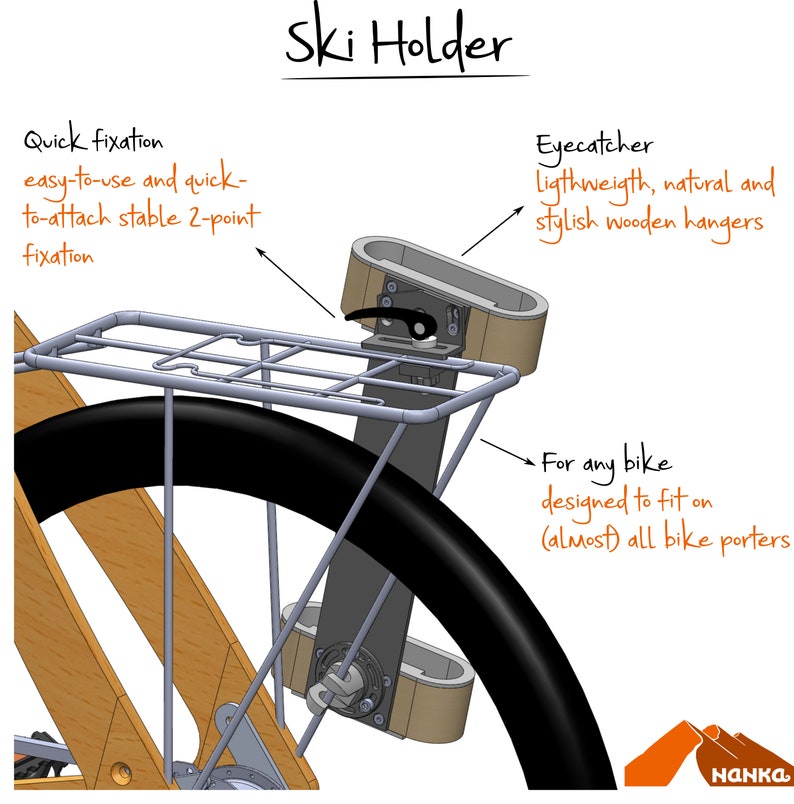 May include: A wooden ski holder attached to a bike rack. The holder has a quick-release mechanism and is designed to fit on most bike porters. The text "Ski Holder" is written at the top of the image.