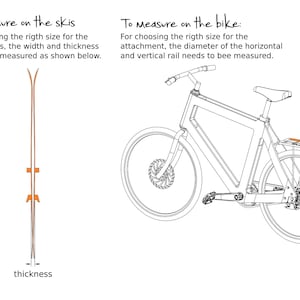 May include: Line drawing illustration showing how to measure skis and a bike for a ski rack. The ski measurement shows the width and thickness of the ski. The bike measurement shows the diameter of the horizontal and vertical rails.