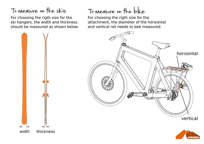 May include: Line drawing illustration showing how to measure skis and a bike for a ski rack. The ski measurement shows the width and thickness of the ski. The bike measurement shows the diameter of the horizontal and vertical rails.